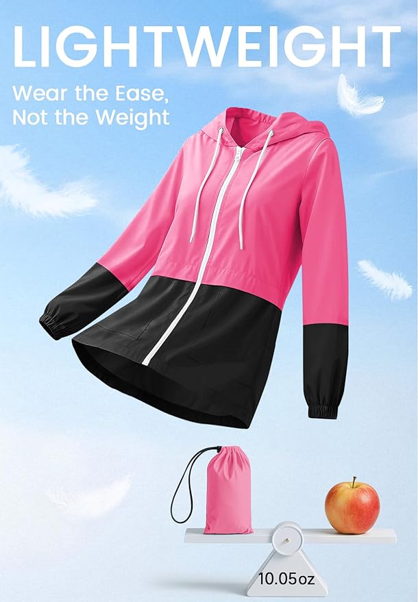 Zando Lightweight Rain Jacket Women Waterproof - Raincoat for Women Packable Rain coat Hooded Windbreaker for Travel Outdoor