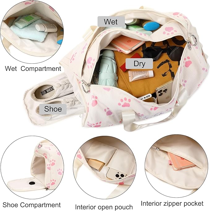 Dance Bag for Girls Sports Duffle Gym Ballet Weekender Overnight Bags with Separate Dry Wet Pocket and Shoes Compartment for Teen Girls Corduroy Sequined Cat（Cat Beige）