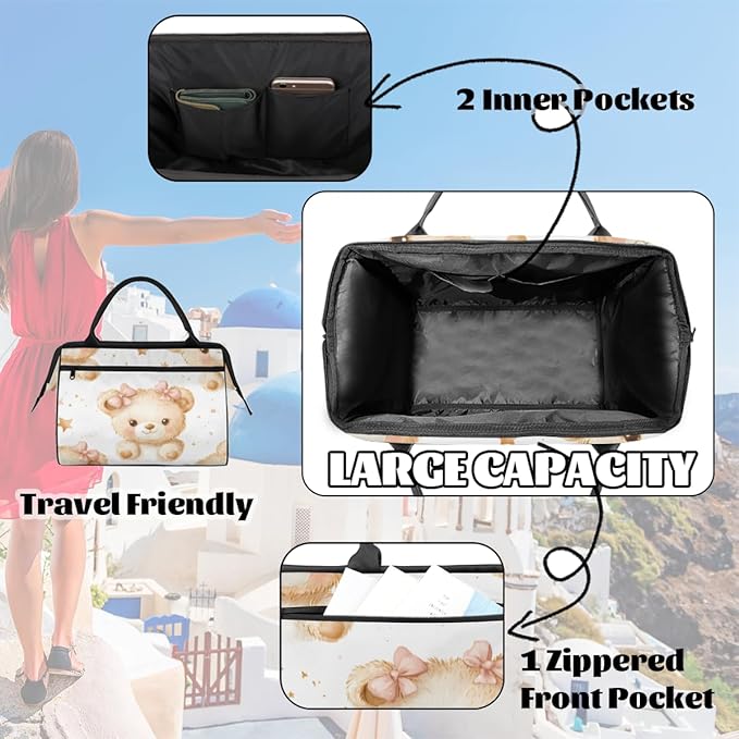 Cute Bear Overnight Weekender Bag for Women Men Travel Duffel Bags Waterproof Luggage Carry on Sports Yoga Gym Bag