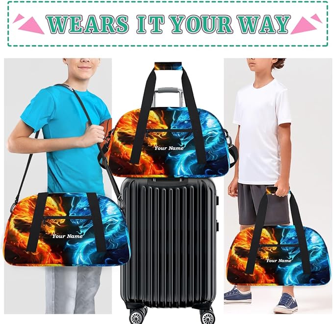 Custom Name Fire and Ice Dragon Boys Gym Travel Duffle Bag with Front Zipper Pocket Personalized Sport Bag for Overnight, Weekender, Carry On,Workout & Dance, 18.9 * 8.7 * 10.6 in