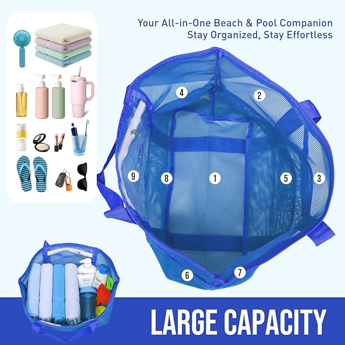 Large Mesh Beach Tote Bag, 9-Pocket Foldable Summer Vacation Beach Bag for Travel, Pool, Gym, Cruise