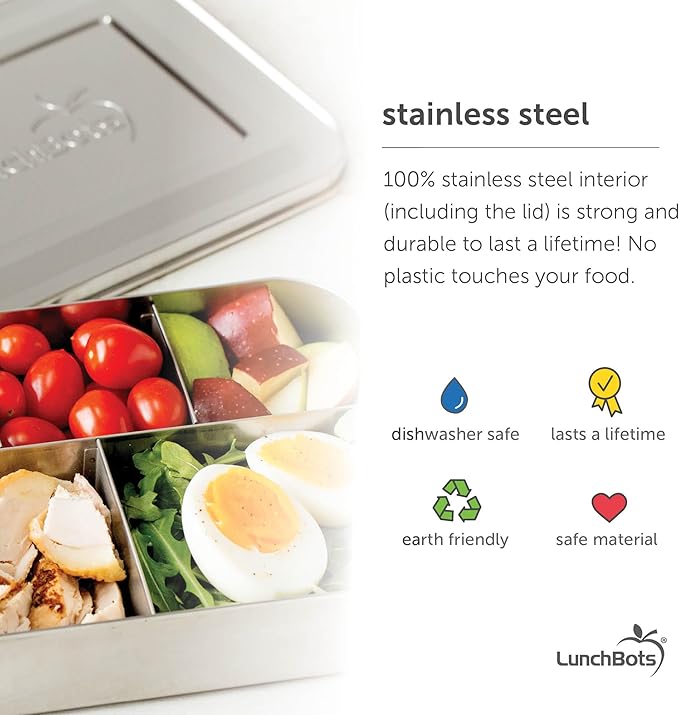 LunchBots Large Cinco Stainless Steel Lunch Container - Five Section Design Holds a Variety of Foods - Metal Bento Box - Dishwasher Safe - Stainless Lid - Green Dots