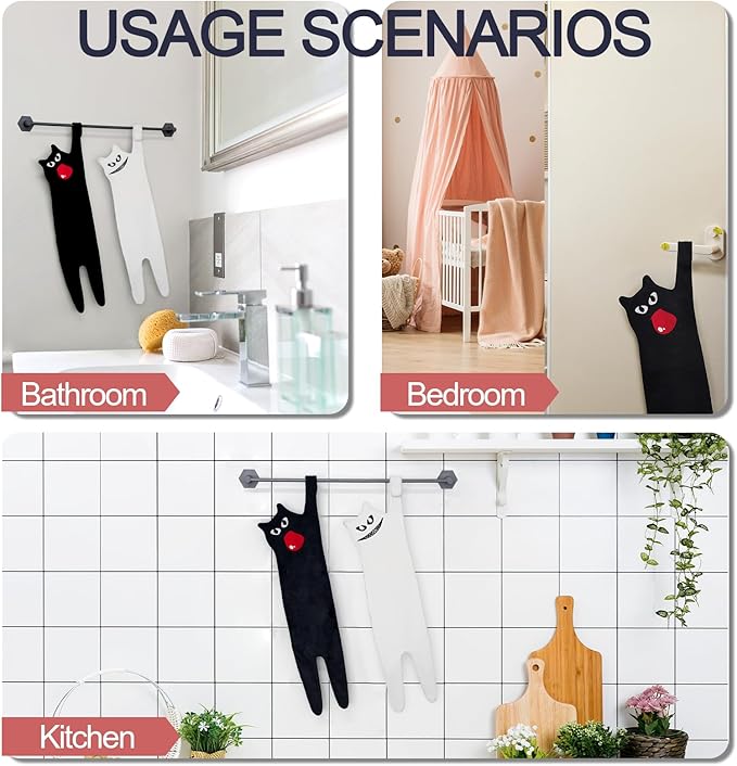 White Cat Hand Towels for Bathroom - Cute Cat Unique Birthday Gift for Women, Funny Kitchen Towels | Housewarming Gifts for New House | Christmas Halloween Party Decor