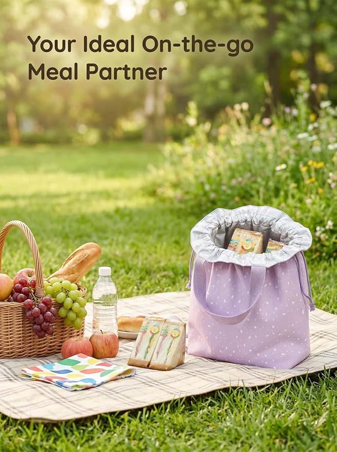 Reusable Small Lunch Bag,Drawstring Lunch Bag,Insulated Handbag Tote bag with Handle (Purple)
