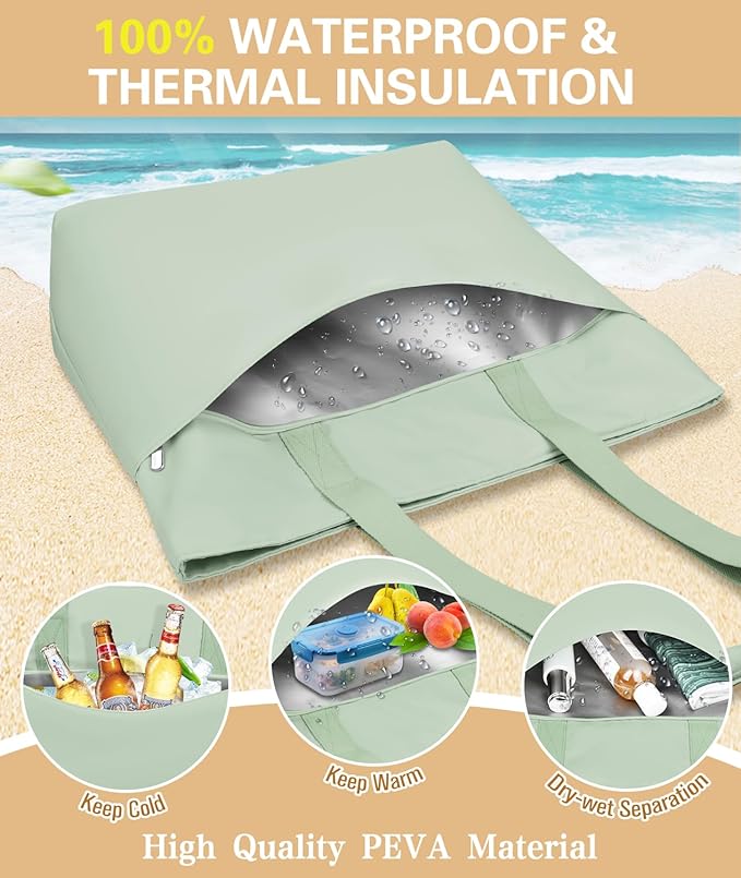 HUANLANG Large Beach Bags for Women Pool Bag with Zipper, Waterproof Sandproof Beach Tote Travel Bag with Wet Pocket | Waterproof, Large capacity, Dry/wet separation, Durable fabric, Cooling function, sandproof