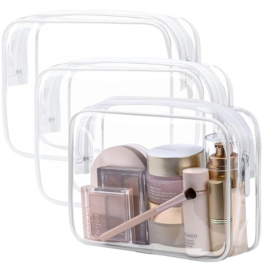 PACKISM TSA Approved Toiletry Bag - Clear Makeup Bag 3 Pack Medium, Quart Size Bag for 3-1-1 Liquids with Metal Smooth Zipper, Travel Makeup Bag for Women Men, Airport Airline Compliant Bag, White