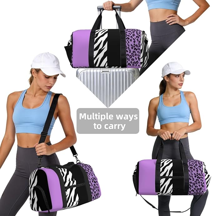 Leopard Print, Zebra Print, Animal Print, Purple Women'S Gym Duffle Bag With Shoes Compartment, Ideal For Travel, Gym, Sports, Duffel, Weekender
