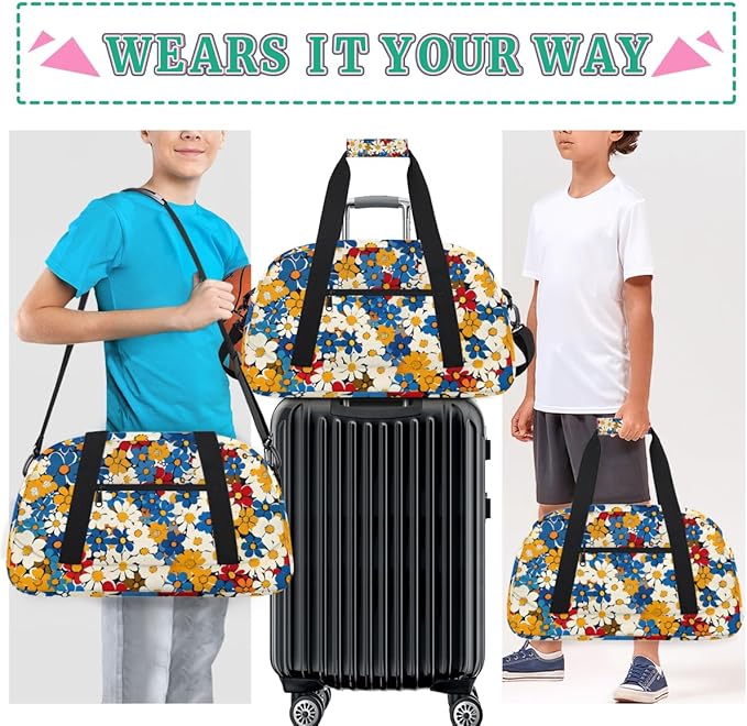 Flower Floral Gym Travel Duffle Bag for Women & Men with Front Zipper Pocket for Sports, Overnight, Weekender, Carry On,Workout & Dance Bag,Cute Blue Red White Yellow,18.9 * 8.7 * 10.6 in
