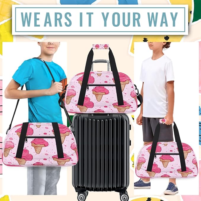 Sports Duffel Bags, Pink Ice Cream Water-Resistant Gym Duffle Bag for Men Women, Lightweight Weekender Overnight Bag for Fitness, Workout, Travel
