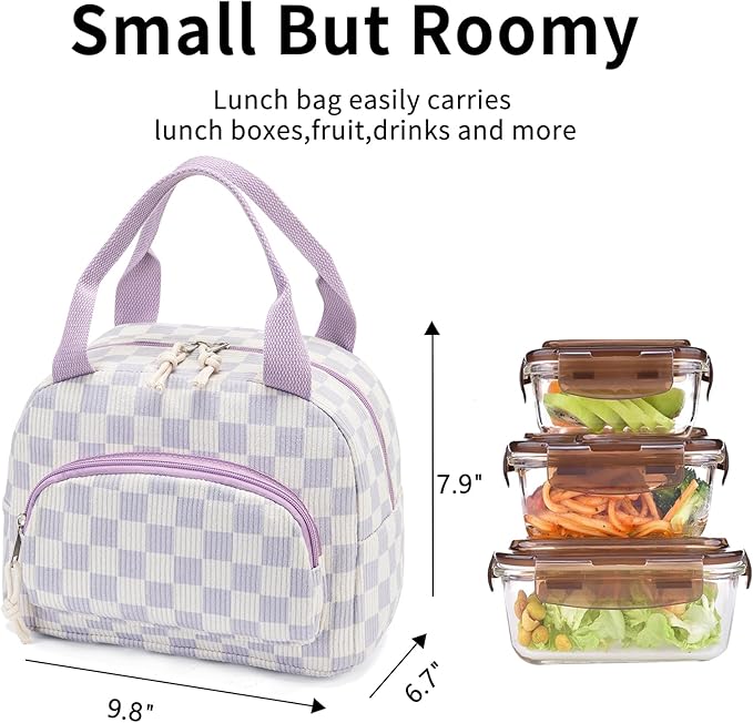 Lunch Bag Women Lunch Box for Women Adult Cute Insulated Lunch Bag Small Cooler Lunch Tote Bags for Work Picnic School (Beige-Purple Plaid)
