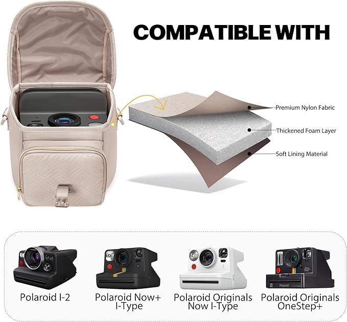 Camera Sling Bag Compatible with Polaroid Now 2nd/3rd Instant Camera, Crossbody Bag with Adjustable Strap, Light Tan