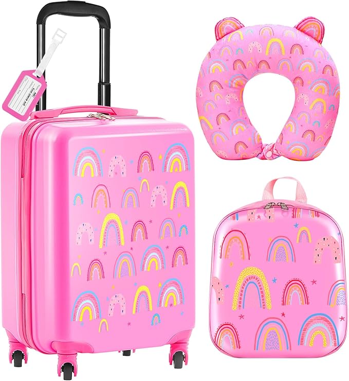 Sanwuta 4 Pcs Kids Luggage Set Rolling Suitcase Backpack U-shaped Pillow Kids Carry On Gift for Summer Travel Family Trip(20 Inch,Rainbow Style,Pink)