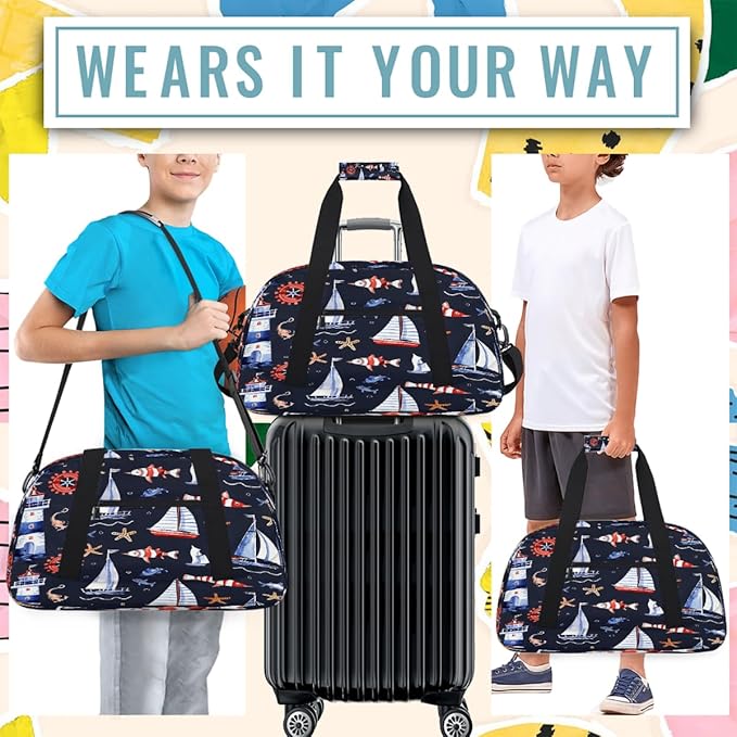 Gym Bag for Women Men, Blue White Nautical Sailboat Lighthouse Travel Duffle Bags for Dance Ballet Overnight, Carry-On Weekender Bag with Detachable Shoulder Strap