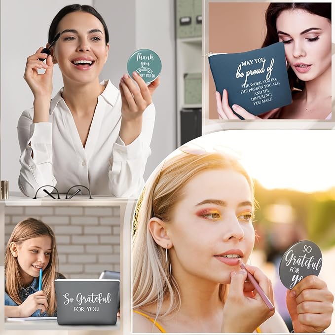 60 Pcs Employee Appreciation Gifts For Women Inspirational Canvas Makeup Bags Portable Compact Mirror Bulk Cosmetic Bags Thank You Gifts for Social Worker Coworkers (Praise,Vintage)