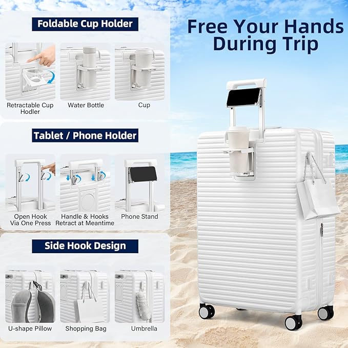 Hard Shell Suitcases 28 Inch Large Checked Luggage with Spinner Wheels Cup Holder, Expandable Check in Luggage Lightweight Top Opening Luggage Big Rolling Suitcase with Lock, White