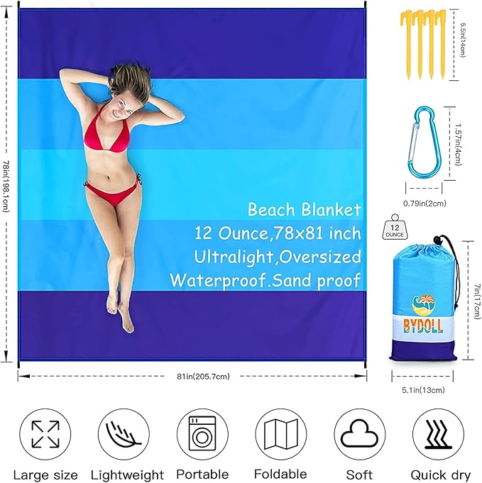 BYDOLL Beach Blanket 78''×81'' 4-7 Adults Oversized Lightweight Waterproof Sandproof Beach Blanket Large Picnic Mat for Travel Camping Hiking Picnic(78" X 81", Blue-Mixed)