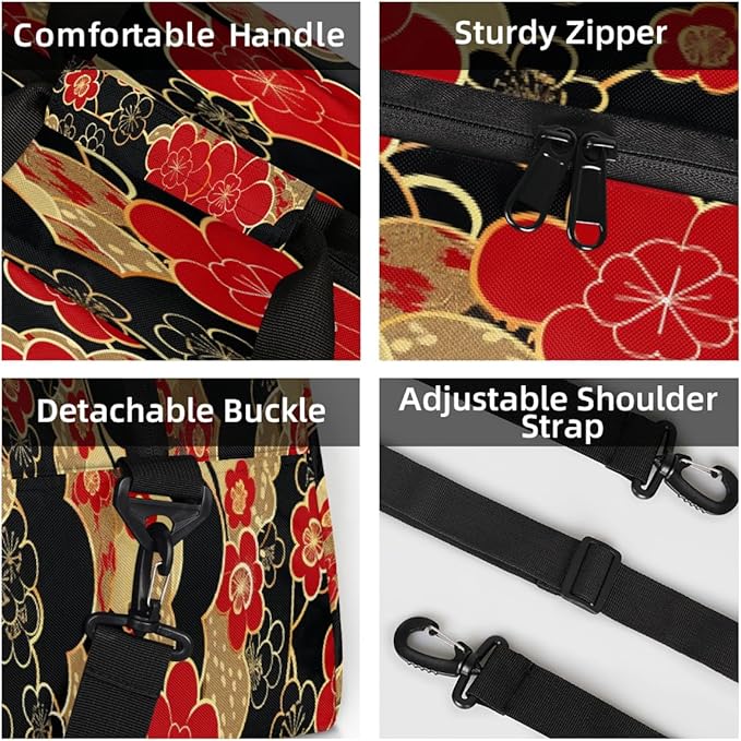 Sports Duffel Bags, Red And Black Japanese Cherry Blossoms Water-Resistant Gym Duffle Bag for Men Women, Lightweight Weekender Overnight Bag for Fitness, Workout, Travel