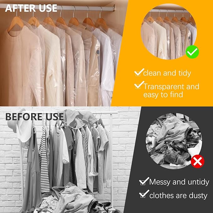 MIDELONG 10Pcs (24 x 36 In) Clear Plastic Clothes Covers, Dry Cleaners Bags Hanging Dust-proof Clothing Protector Covers Garment Bags for Home Storage Clothing Stores Dry Cleaning