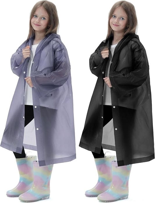 2 Pack Reusable Waterproof Raincoat EVA Emergency Rain Ponchos One Size Rain Jacket for Children, Boys and Girls