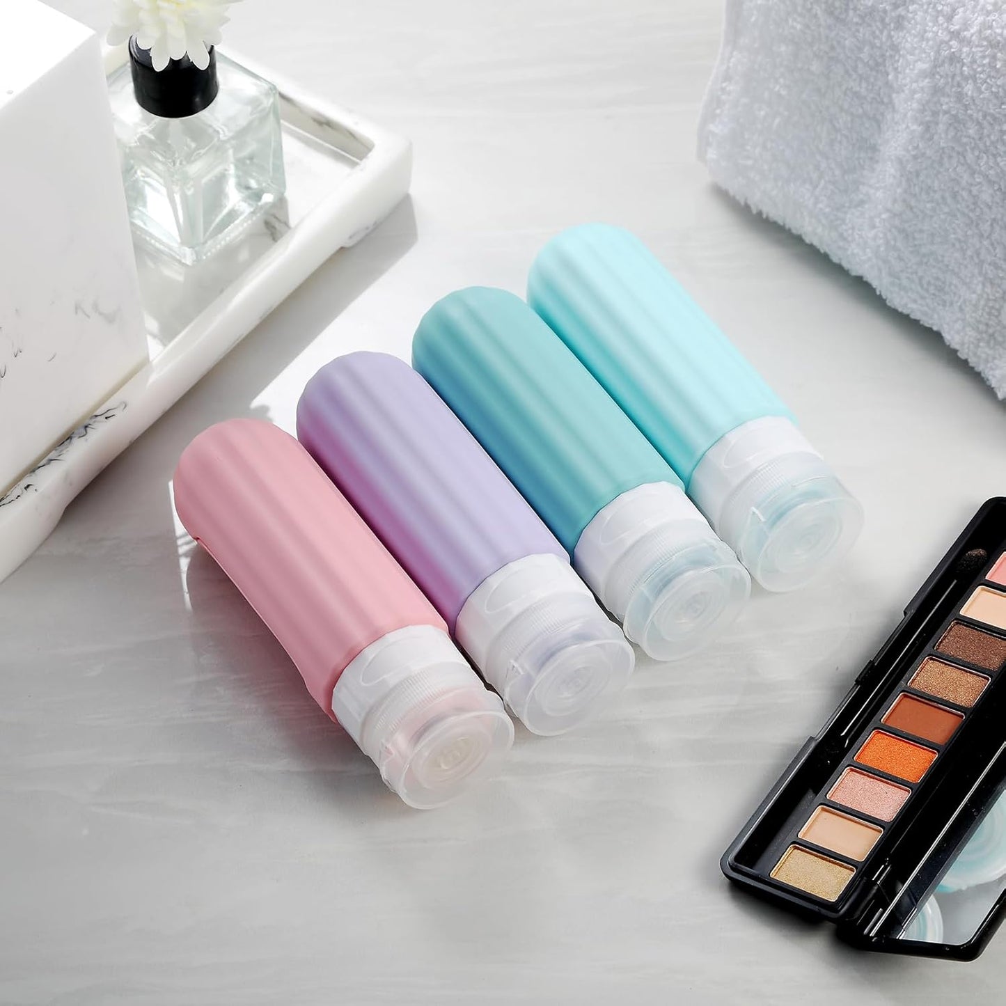 Travel Bottles for Toiletries, TSA Carry On Approved Toiletries Containers, 3 Ounce Leak Proof Squeezable Silicone Tubes, Refillable Accessories Shampoo Body Wash Liquids (4 Pack), Pink