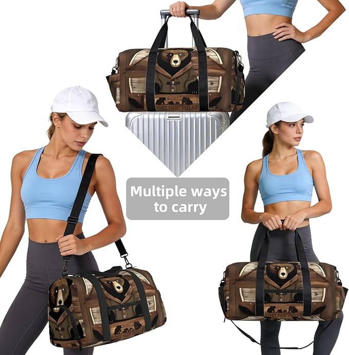 Rustic Lodge Bear Print Gym Bag with Shoe Compartment for Women Men, 17.7in Sports Duffle Weekender Tote, Overnight Travel Duffel Bag Carry On