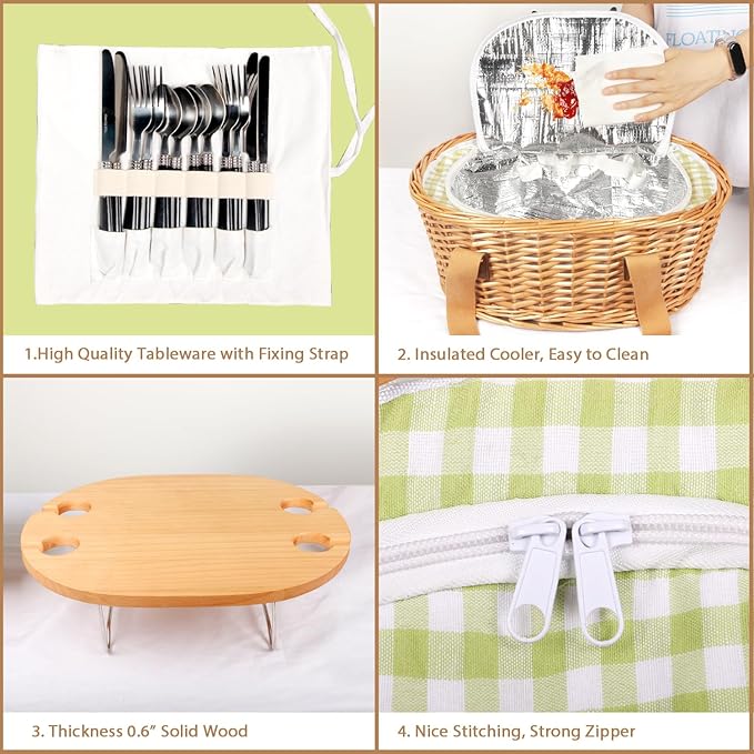 Hap Tim Wicker Picnic Basket Set for 4 with Mini Folding Wine Picnic Table & Large Insulated Cooler Bag & Cutlery Service Kits for 4 Person, Couples Gifts, Wedding Gifts (Y2209-4-GR)