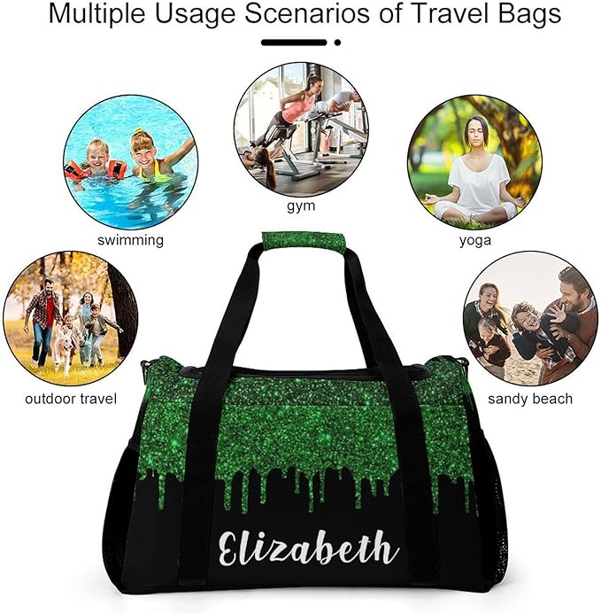 Green Black Sparkle Glitter Print Waterproof Duffel Bag Gym Dance Sport Perform Training Travel Bag for Teens Adults Women Men Multifunctional Backpack