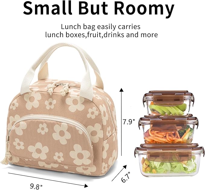 Lunch Bag Women Lunch Box for Women Adult Cute Insulated Lunch Bag Small Cooler Lunch Tote Bags for Work Picnic School (Brown-Flower)