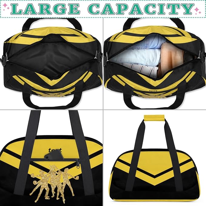 Custom Name Black Yellow Cheerleading Gym Travel Duffle Bag with Front Zipper Pocket Personalizedfor Sports Bag for Overnight, Weekender, Carry On,Workout & Dance, 18.9 * 8.7 * 10.6 in
