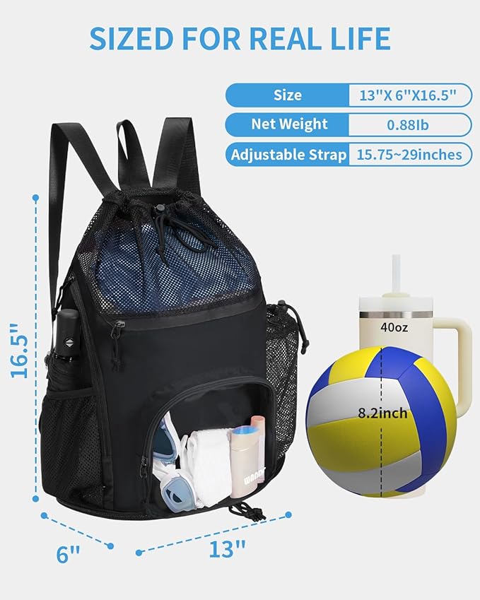 WANDF Swim Bag with Wet Pockets, Sandproof Beach Backpack with 40oz Tumbler Side Pockets, Mesh Drawstring Backpack Swim Bag for Swimming, Pool, Gym and Workout Gear (Black)