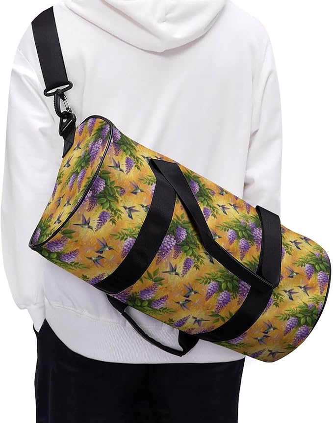Lightweight Sports Travel Bag Purple Flowers And Hummingbird Beach Swim Bags Men Women Duffle Bag Foldable Overnight Bags