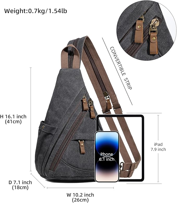KL928 Canvas Sling Bag - Small Crossbody Backpack Shoulder Casual Daypack Rucksack for Men Women(Large Version,Black)
