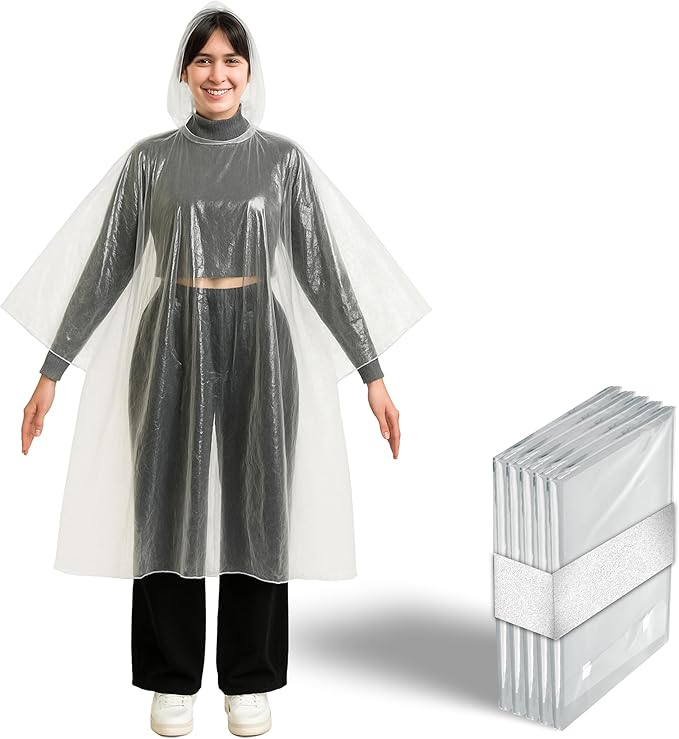 Better Office Products Disposable Clear Rain Ponchos with Hood for Adults (Thicker Gauge), Emergency Ponchos, Lightweight