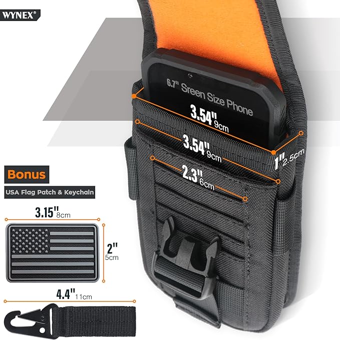WYNEX Tactical Phone Pouch Molle,Smartphone Holster Bag EDC Utility Cellphone Lock Card Holder Organizer Fit for Waist Belt Case Include Tactical Gear Clip and U.S.A Patch
