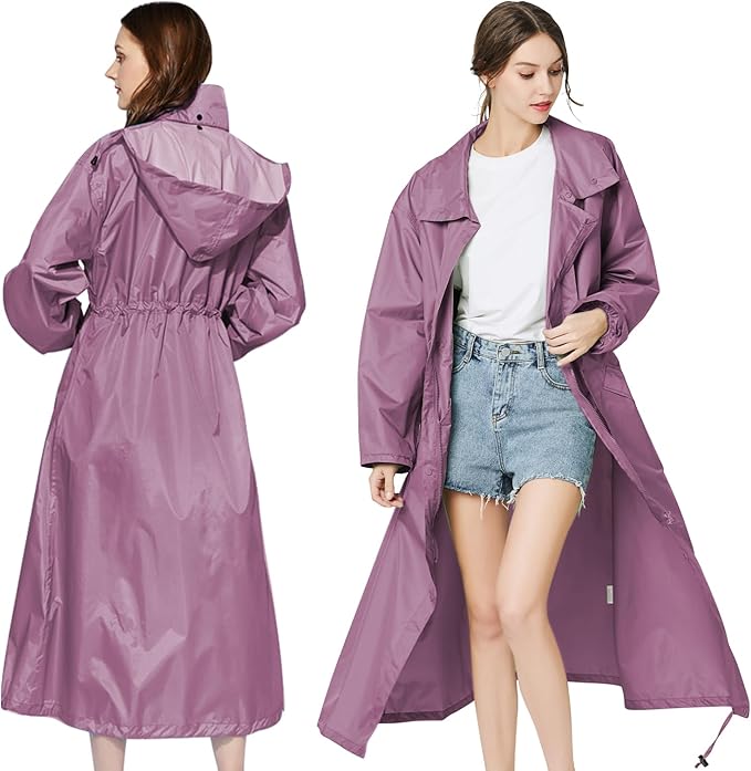 LAMA Womens Long Raincoats Rain Jacket Waterproof Packable Hooded Windbreaker Lightweight Adjustable Waist for Outdoor