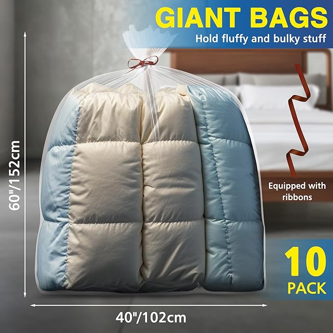 Extra Large Clear Plastic furniture Bags, 2 Mil Storage Bags Ideal for Car Seats, Suitcases, Strollers, Small Bikes, Attic Storage, Clothes, Xmas Trees, 10 Pack with 10 Ties, 40'' x 60''