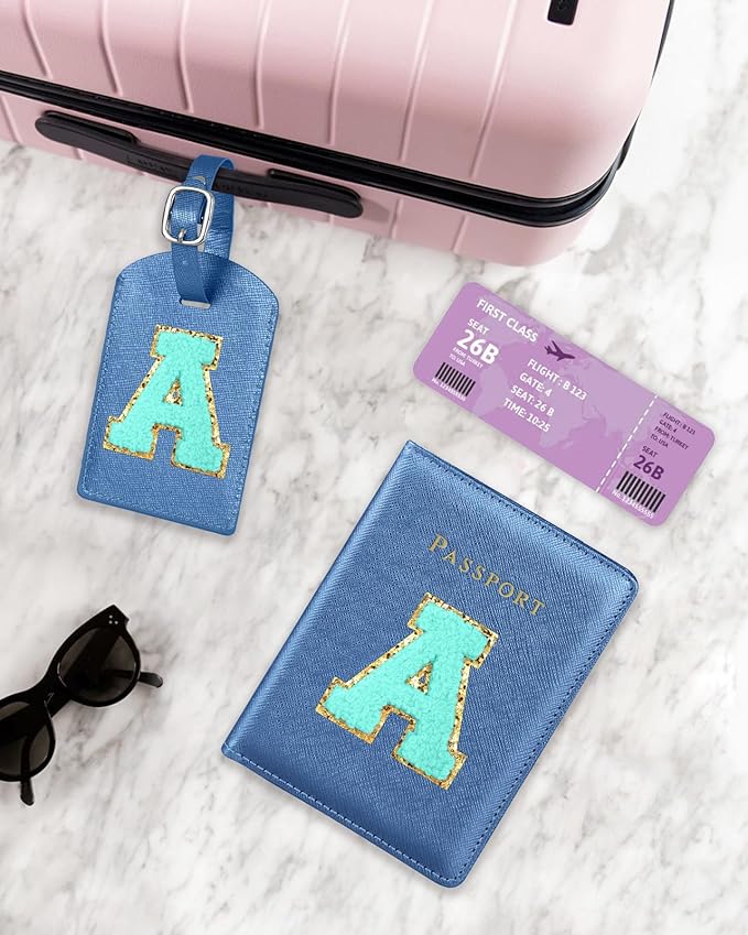 Slohif Passport Holder Initial Lugguage Tag Set Suitcase Cover Wallet Case for Travel Women - Leather Letter Passport Book Personalized Organizer Card Protector Sleeve Essentials Slim Carrier Blue A