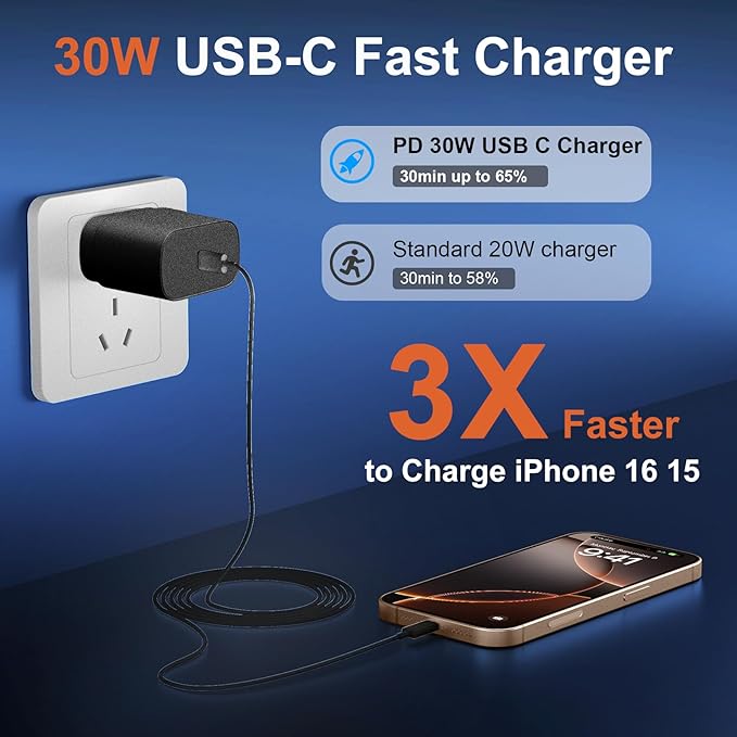 iPhone 16 15 17 Pro Max Charger 30W Type C Chargers USB C Fast Charger Block iPhone 16 Chargers Fast Charging with 8FT C Charging Cable for iPhone 17/17 Pro Max/16/16 Pro Max/15/15 Pro/iPad/Samsung