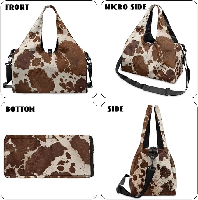 Brown Cow Print Lightweight Gym Bag for Women with Shoe Compartment Sports Carry On Weekender Duffel Bag for Sports, Overnight, Swim, Travel Duffel Bags
