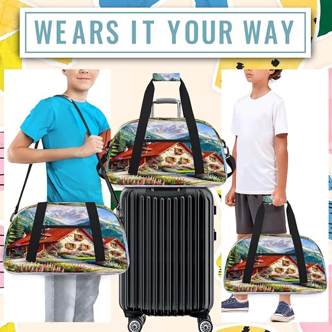 Travel Duffle Bag for travel duffle bag sports Girls Boys Kids Lscape Mountain House Lightweight Overnight Sleepover Weekender Bags Small Dance Gym Sport Bag Teens Carry-On Size Workout Bag