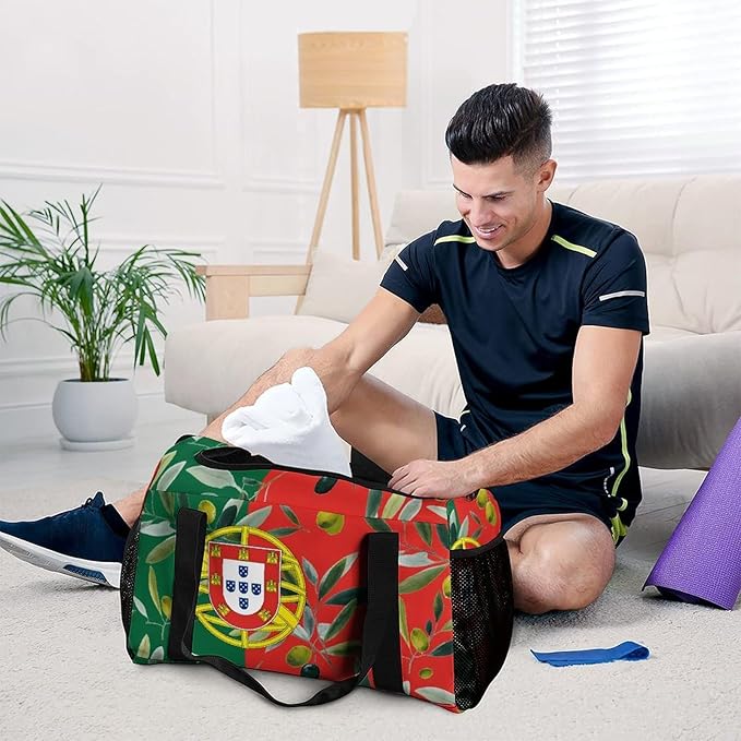 Portugal Flag Portuguese Olives Duffle Bag Gym Bag for Workout Travel Tote with Detachable Straps