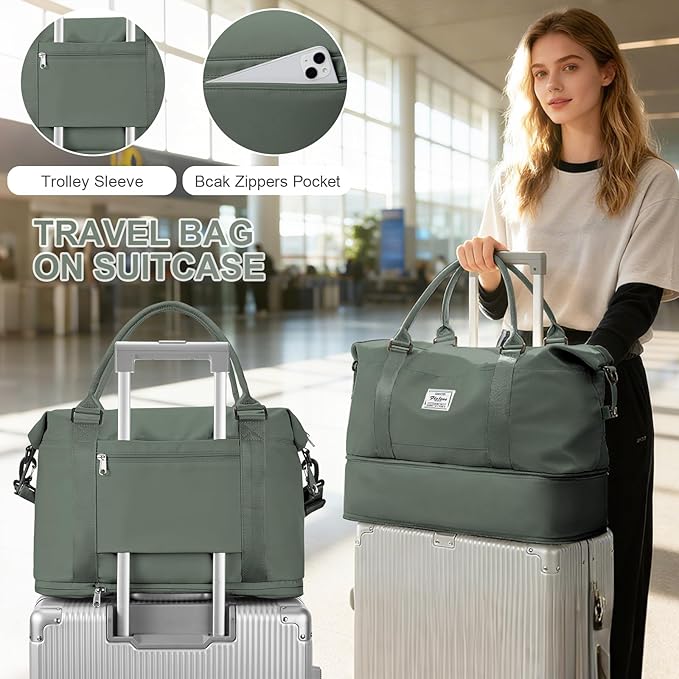 Travel Duffel Bag, 18x14x8 Inches Travel Bag Spirit with Shoes Compartment, Weekender Overnight Bag for Women with Trolley Sleeve, Carry On Bag for Airplanes Sport Tote Gym Bag(Green)