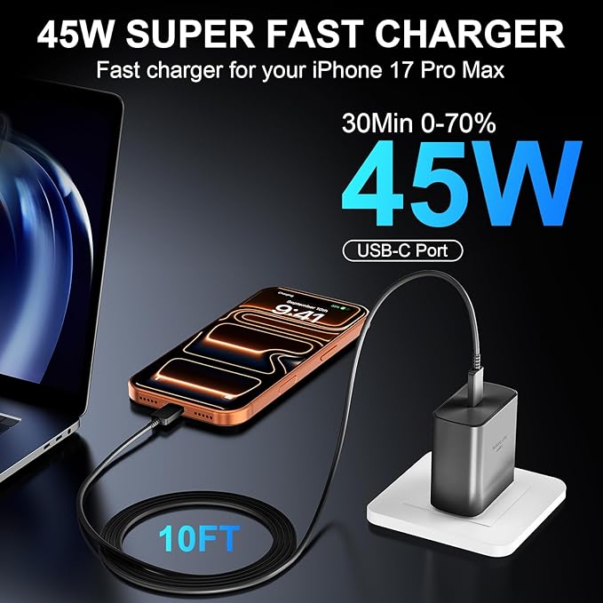 Phone 17 16 Pro Max Charger Fast Charging, 45W USB C Phone 17 16 Super Fast Charger Block with 10ft Long Type C Charging Cable Cord for i.Phone 17 Pro Max/17 Pro/17 Air/17/16/16Pro/-White+Black