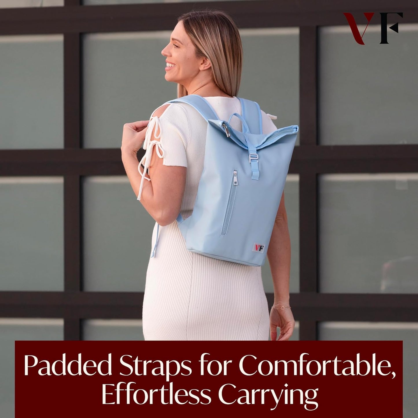 Two Bottle Rolltop Wine Tote Bag – Stylish PU Leather Wine Backpack with Matching Tumblers – Compact & Lightweight Wine Carrier with Padded Straps & Compartments for Travel & Picnics – Light Blue