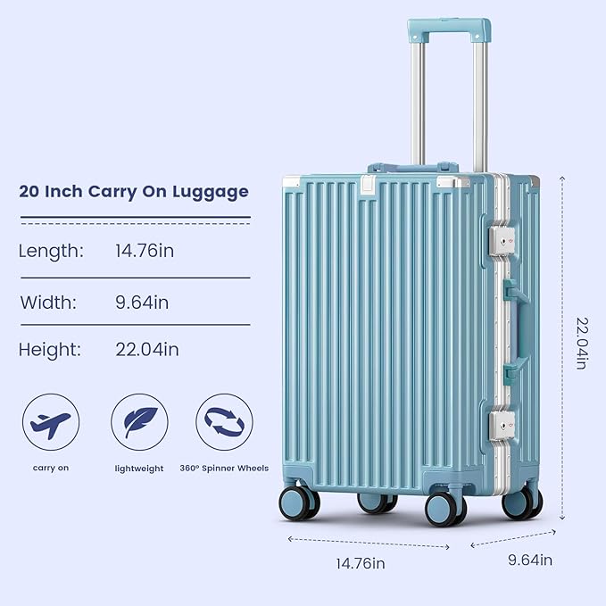 20 Inch Carry On Suitcase, Aluminum Frame Zipperless Hard Shell Luggage with Spinner Wheels, TSA Lock, USB Charging Port, Phone Holder, Cup Holder for Business Travel and Trips, Blue