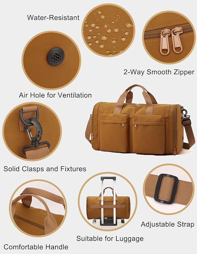 ZUEVI Gym Duffel Bag for Men Women with Shoe and Wet Compartment Lightweight Foldable Carry On Sports Travel Bag for Training Yoga Weekender(Brown)