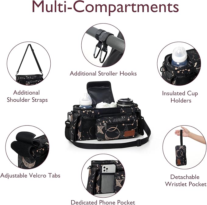 Momcozy Universal Baby Stroller Organizer, 2 Insulated Cup Holder, Detachable Zippered Pocket, Adjustable Shoulder Strap, Large capacity for baby essentials, Compact Design Fits Any Strollers