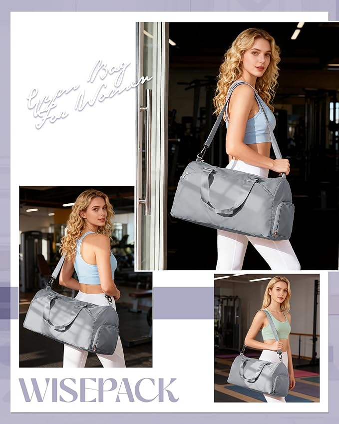 Gym Bag for Women with Shoe Compartment Lightweight Travel Duffle Bags Carry on Bag Overnight Weekender Duffel Bag with Wet Pocket Personal Item Travel Bag Tote Bag Workout Dance Bag Grey