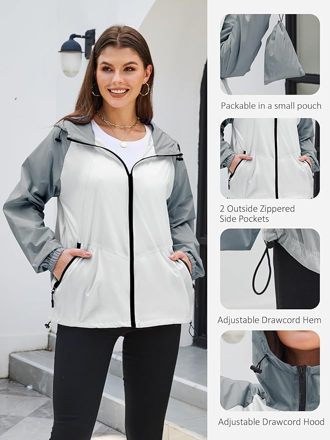 PITINAN Lightweight Rain Jacket Women Packable Wind Breaker Light Rain Jacket Women Waterproof Travel Raincoat S-XXL