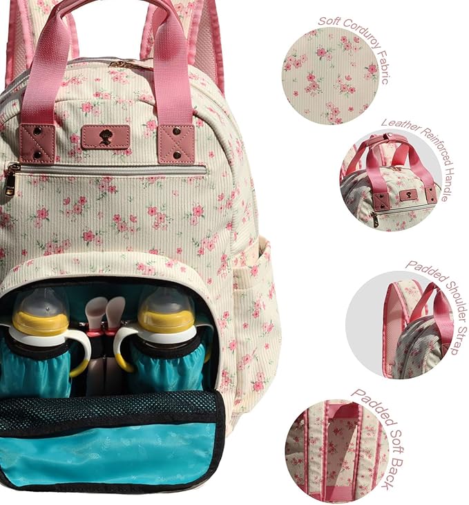 Diaper Bag Backpack, Large Capacity Multifunction Baby Essentials Fashion Travel Pack Linen Canvas office Laptop Bag (Corduroy Cute Flower)